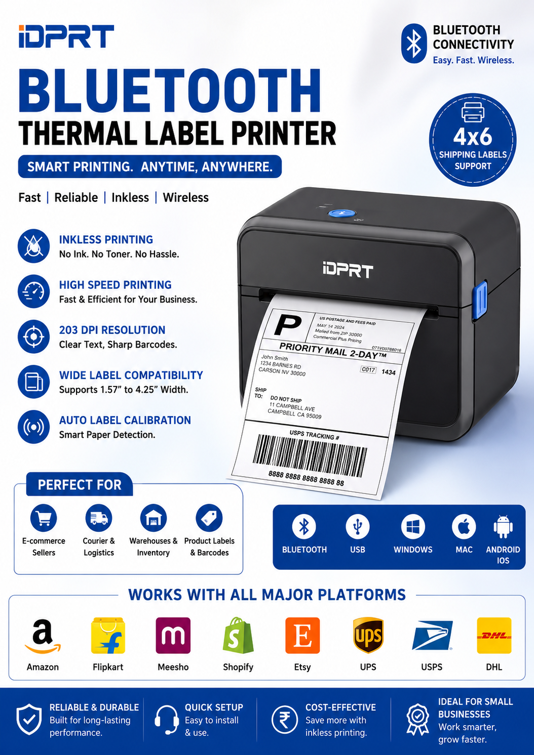 iDPRT Bluetooth Thermal Label Printer, 4×6 Inch Thermal Shipping Label Printer for Phone/USB, Support Windows/iOS/Mac/Android, Thermal Printer for Small Business and Shipping Package